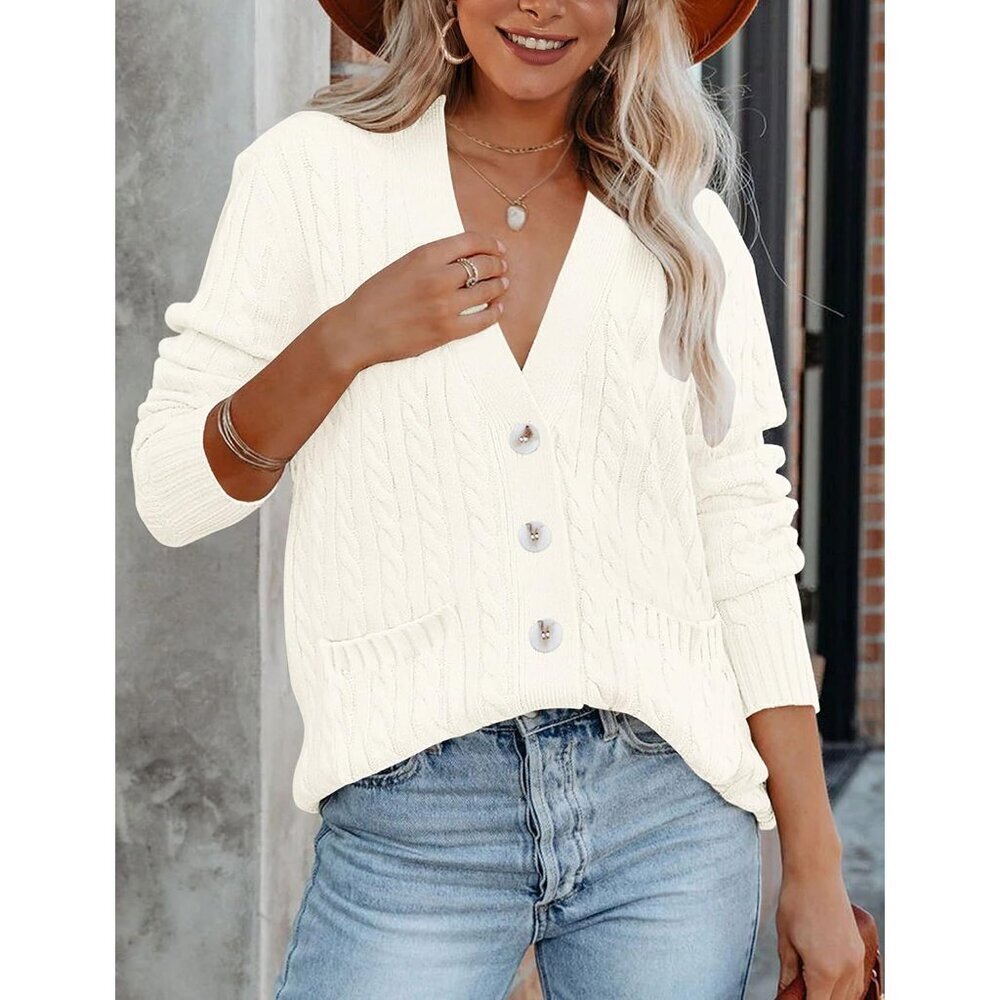 Women's Acrylic Cable Knit Cardigan Medium Open Front Warm Casual Coat - Picture 8 of 9